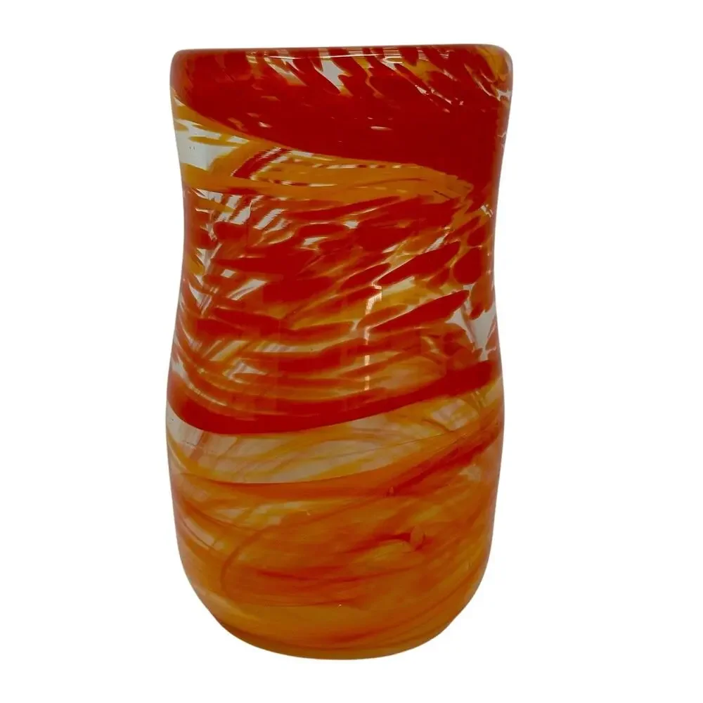 Glass Hand blown Vase W/ Red & Orange Swirl 6” Tall, 3” Top